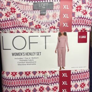 LOFT Women’s Pointelle Knit Henley Pajama Set Cream/Snowflakes, Elastic Waist